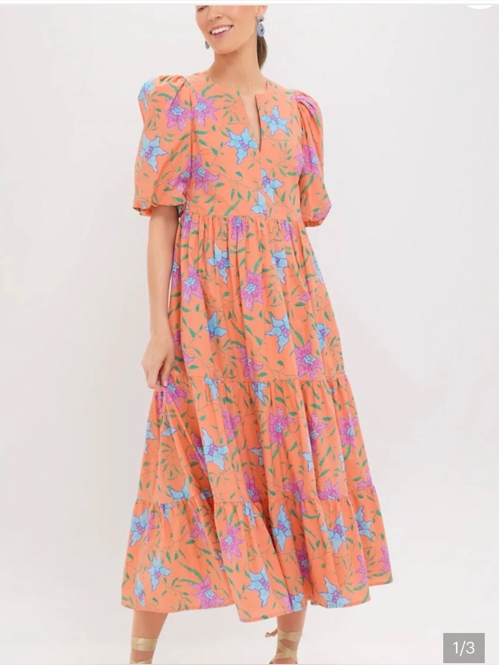 NWT Hyacinth House Tuckernuck Women’s Orange Floral Maxi Dress with Puff Sleeves